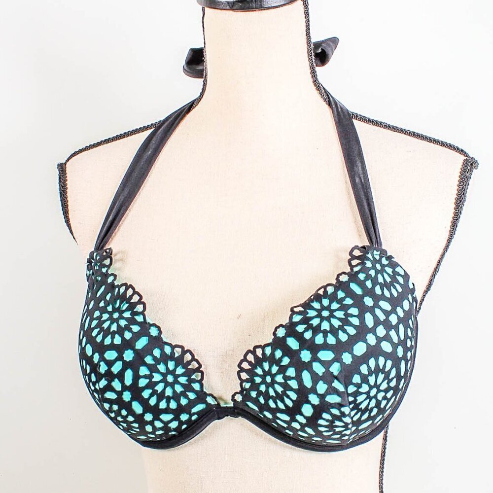 Shade & Shore Teal Blue Black Underwire Bikini Top Women’s Size 34C Swimwear - Picture 2 of 8